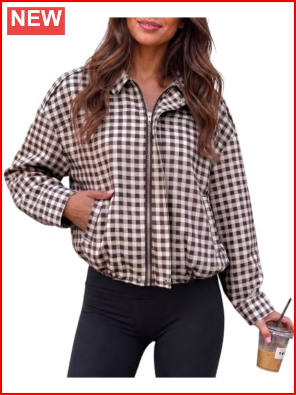 Zip Up Checkered Jackets Casual Collared Fall Cropped Coat